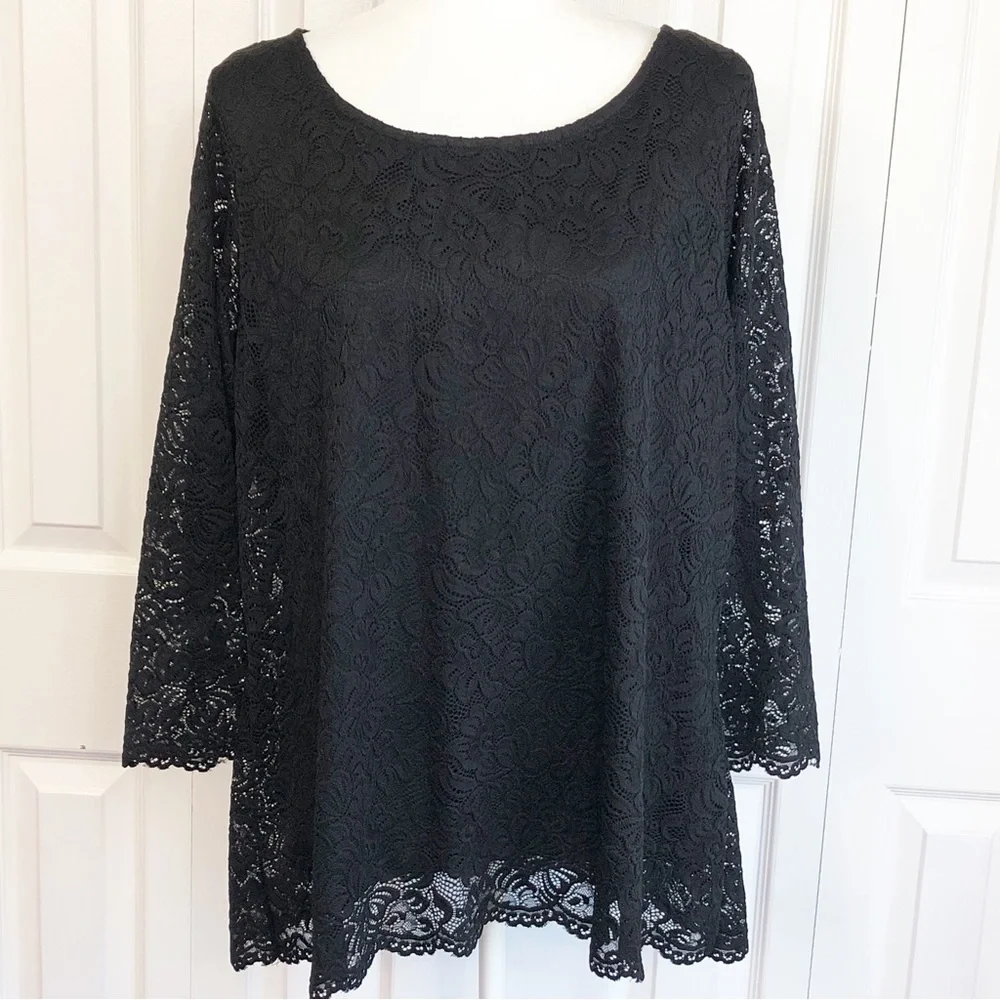 Roaman's Elegant Black Lace Sheer 3/4 Sleeve Scalloped Blouse Top 18/20